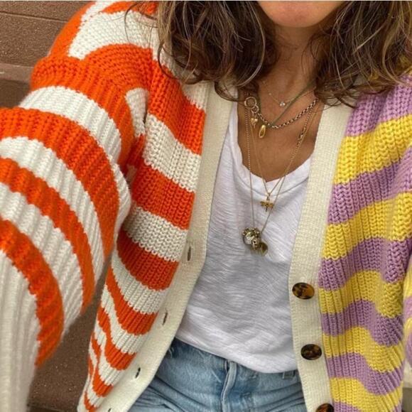 Staud Essex Colorblock Striped Cardigan Cabana Stripe Size XS Button Up - Picture 2 of 11